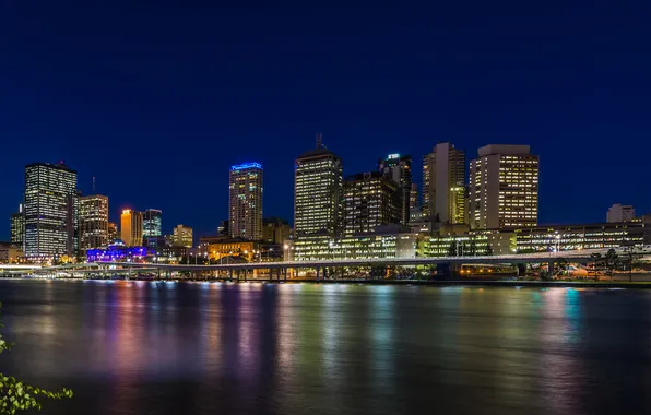 Картинка ночь, огни, река, дома, Австралия, набережная, Brisbane