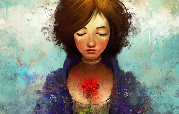 Цветок, девушка, роза, слезы, арт, Bioshock, art, Women