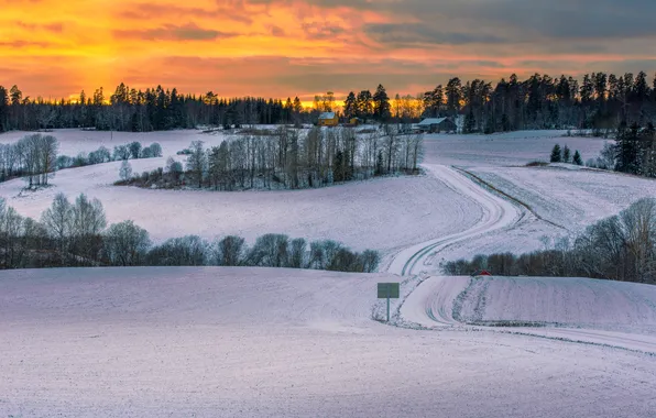 Картинка зима, дорога, поле, снег