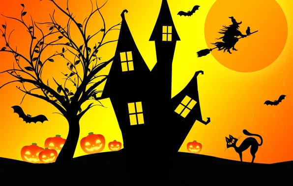 Картинка ночь, дом, Хэллоуин, ведьма