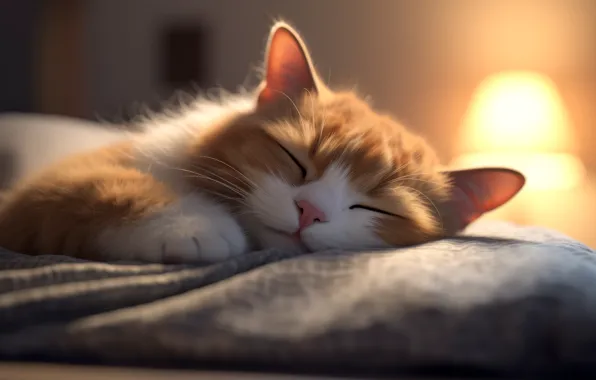 Кошка, кот, свет, поза, котенок, комната, лампа, сон