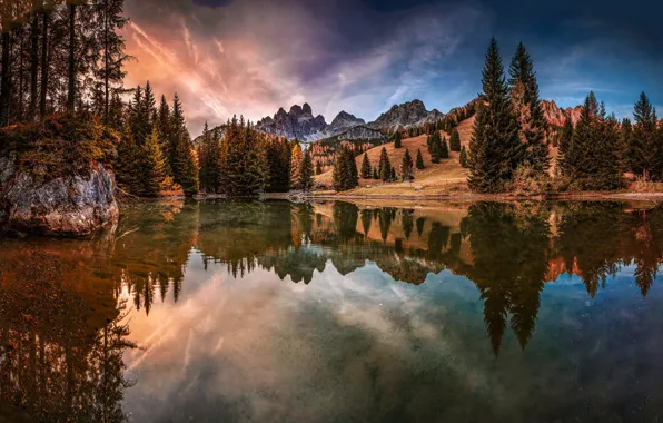 Forest, autumn, lake, tree, moounts