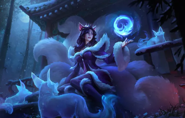 Ночь, луна, игра, лисы, game, character, красивая девушка, персонаж