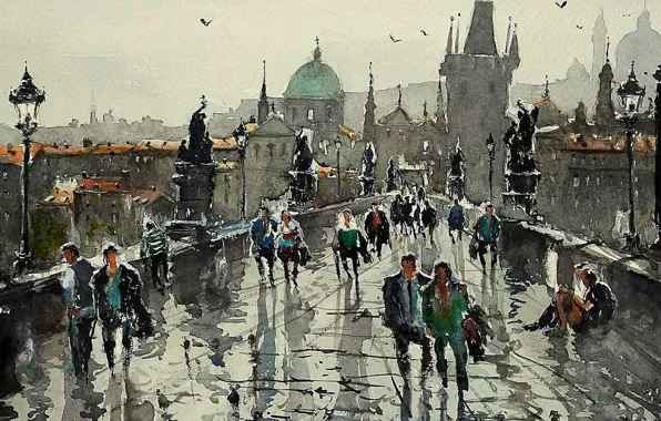 Картинка мост, люди, башня, картина, Прага, акварель, городской пейзаж, Максимилиан Дамико