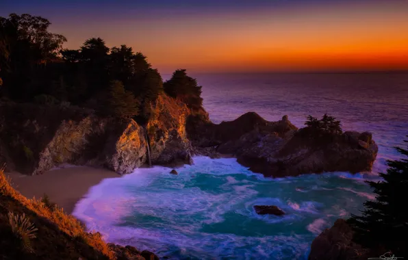 Картинка скалы, побережье, водопад, Калифорния, landscape, seascape, California, Тихий океан