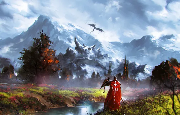 Fantasy, river, trees, landscape, mountain, digital art, artwork, fantasy art