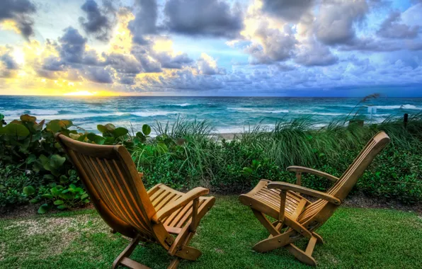 Картинка море, природа, восход, стулья