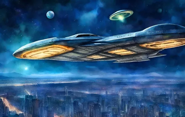 Будущее, фантастика, рисунок, звездолёт