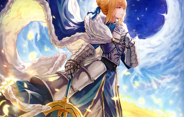 Поле, небо, девушка, дыра, меч, Saber, Fate / Stay Night, Судьба Ночь схватки