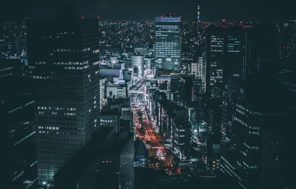 Дорога, ночь, город, огни, здания, дома, небоскребы, Япония