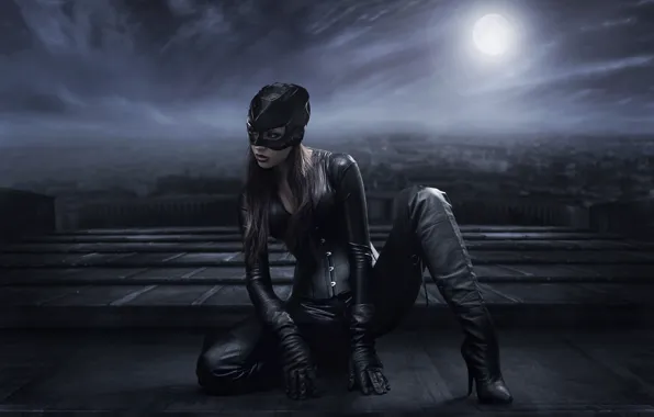 Девушка, поза, сапоги, маска, костюм, женщина-кошка, Catwoman, взгляд. ресницы