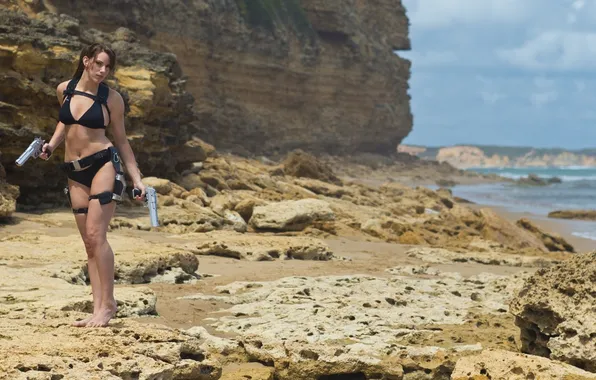 Sexy, beach, tomb raider, cosplay, bikini, firearms