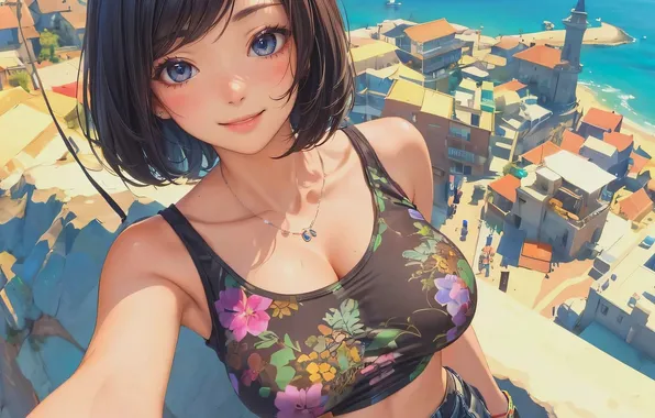 Kawaii, girl, colourful, cleavage, boobs, anime, short hair, breasts