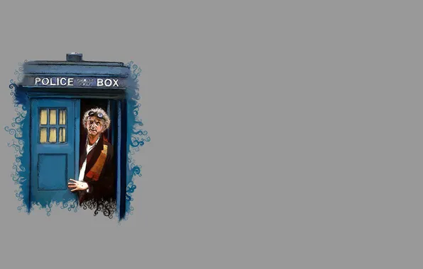 Картинка шарф, очки, пародия, будка, серый фон, Doctor Who, полицейская, Доктор Кто