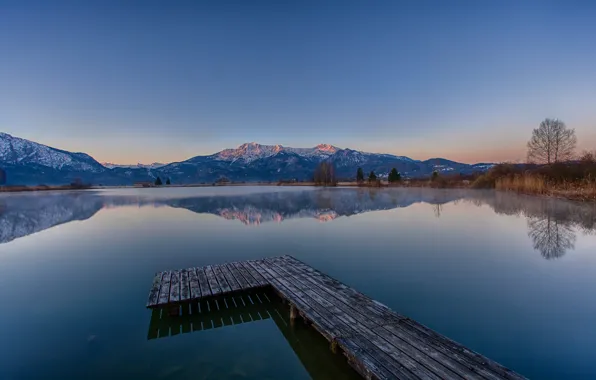 Картинка горы, озеро, рассвет, утро