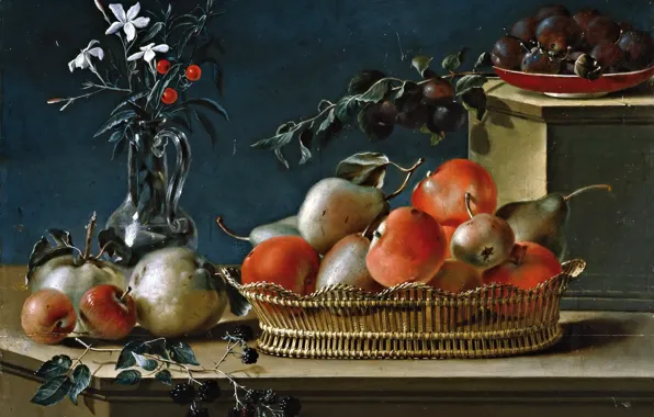 Ягоды, яблоки, картина, груша, корзинка, Jose Ferrer, Натюрморт с Фруктами и Стеклянной Вазой