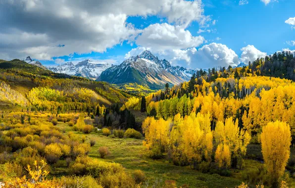 Картинка осень, небо, деревья, горы, sky, trees, autumn, mountains