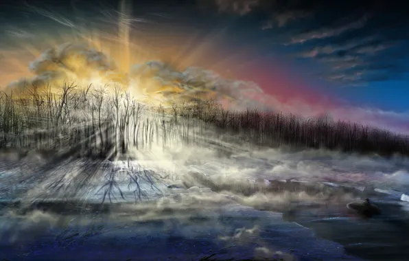 Картинка холод, лед, море, небо, лучи, деревья, пейзаж, лодка
