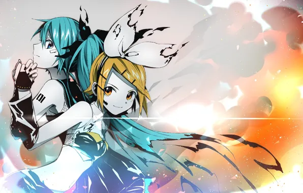 Девушки, аниме, арт, vocaloid, hatsune miku, kagamine rin