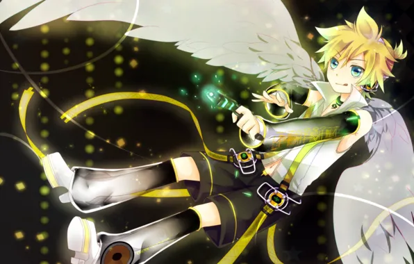 Пистолет, ангел, аниме, арт, Vocaloid, Вокалоид, Лен