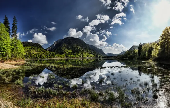 Green, forest, water, cloud, mountains, reflection