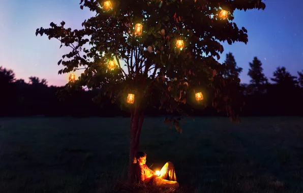 Картинка ночь, лампы, дерево, настроение, парень