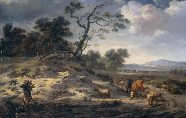 Картинка дерево, масло, картина, Пейзаж с Крупным Рогатым Скотом, Ян Вейнантс