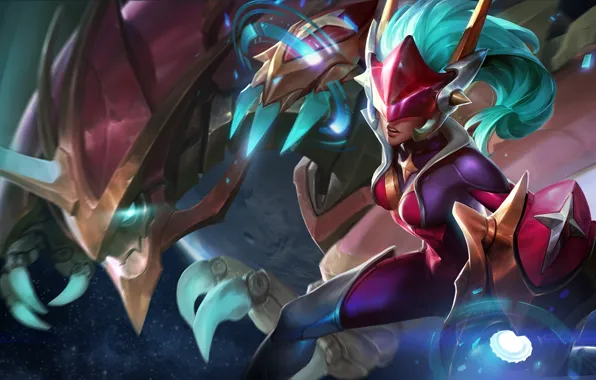Девушка, космос, дракон, art, league of legends, shyvana, moba, Half-Dragon