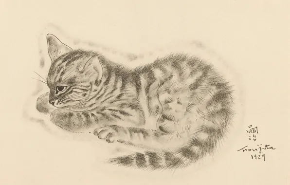 Картинка глаз, котёнок, задумался, 1929, Tsuguharu Foujita, Книга Кошек