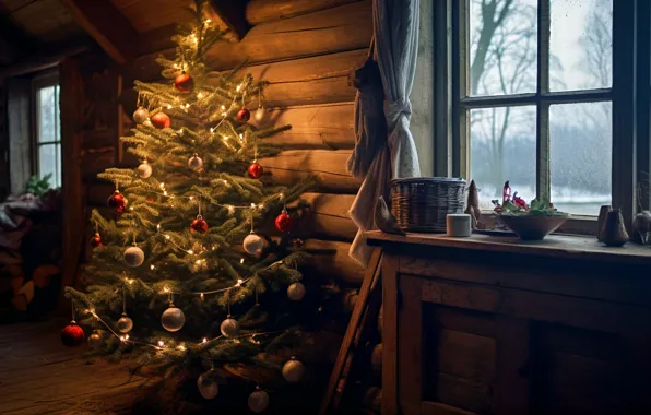 Украшения, дом, комната, шары, елка, интерьер, Новый Год, Рождество