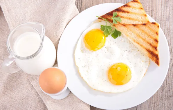 Зелень, яйца, завтрак, молоко, хлеб, eggs, bread, milk