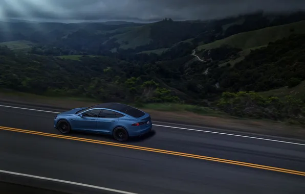 Car, Blue, Speed, Tesla, Road, Rear, P85D