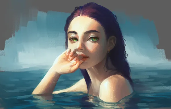 Взгляд, вода, девушка, арт, зеленые глаза