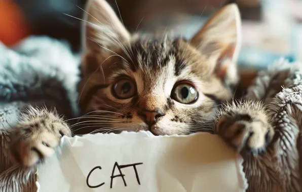 Кошка, кот, взгляд, свет, поза, бумага, котенок, серый