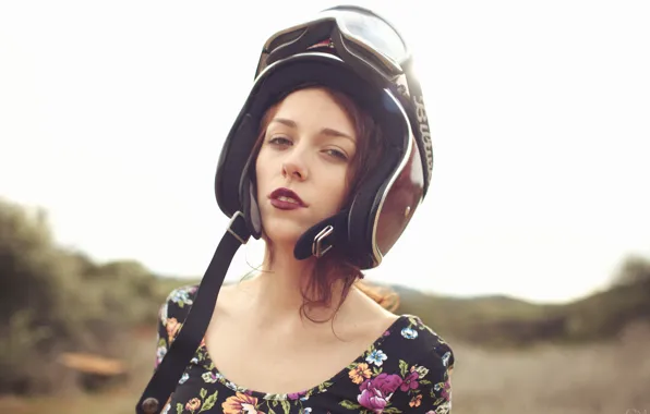 Girl, field, woman, model, brunette, female, helmet, Jacquie Glover