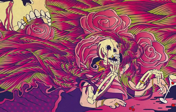 Картинка цветы, ягоды, бокал, череп, розы, скелет, skull, acid