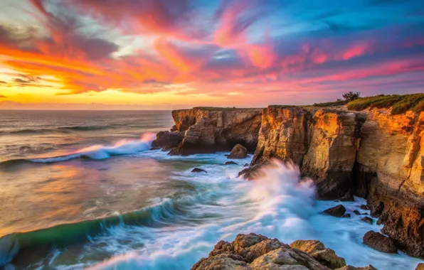 Море, волны, закат, тучи, скалы, берег, waves, sea