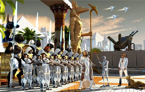 Небо, облака, пальма, пирамида, статуя, пума, космический корабль, troop inspection
