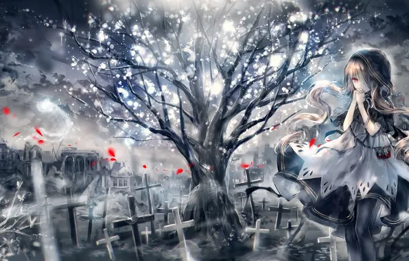Картинка девушка, дерево, кресты, дома, аниме, лепестки, арт, капюшон