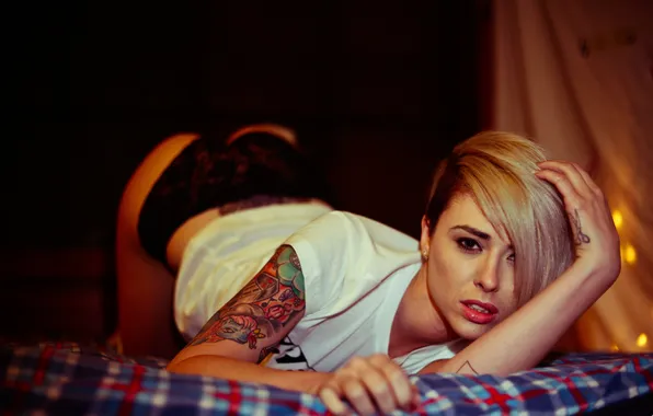 Girl, panties, woman, model, tattoo, blonde, bed, butt