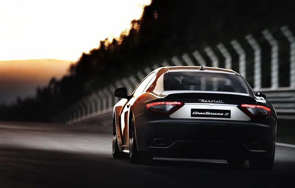 Картинка закат, Maserati, трасса, мазератти, трек, GranTurismo, rear