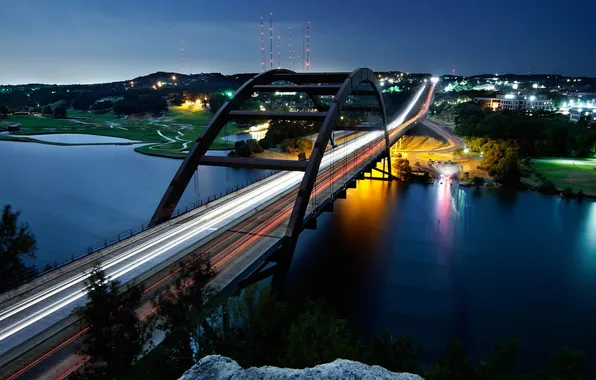 Ночь, мост, огни, река, USA, Austin, Texas