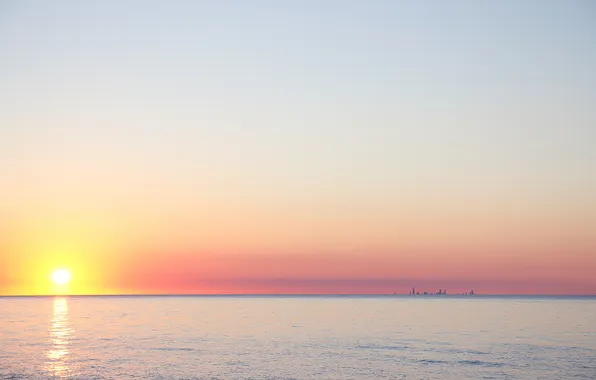 Город, океан, рассвет, горизонт, Chicago from Indiana