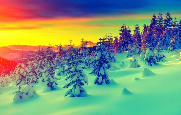 Картинка зима, снег, закат, горы, рассвет, елки, сугробы, леса