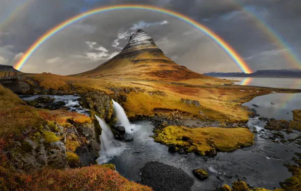 Картинка природа, гора, водопад, радуга