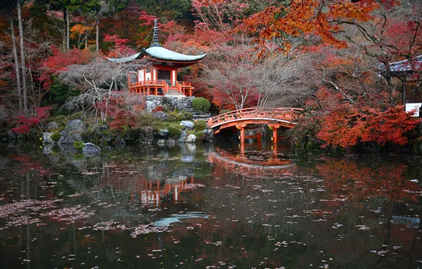 Картинка осень, деревья, пруд, парк, камни, Япония, мостик, Киото