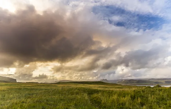 Небо, тучи, природа, гора, долина, панорама, Sunset, Iceland