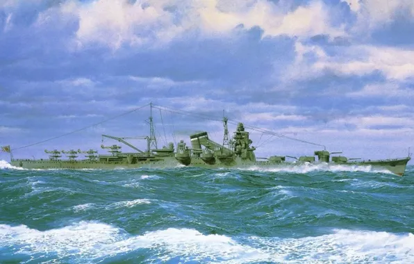 Корабль, арт, флот, военный, крейсер, японский, cruiser, WW2