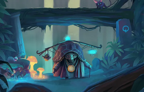 Лес, грибы, черепаха, арт, зверёк, карточная игра, Faeria