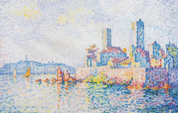 Море, пейзаж, город, картина, Поль Синьяк, пуантилизм, Антиб. Башня